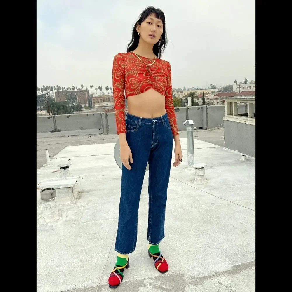 NEW Lisa Says Gah Elenor Ruched Centre Wild Hearts Long Sleeve Mesh Crop Top - Picture 3 of 10